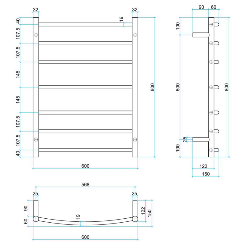 Thermogroup 7 Bar Curved Heated Towel Ladder 600mm Polished Stainless Steel