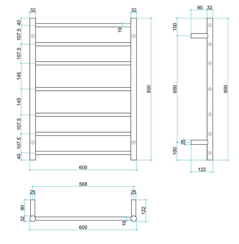 Thermogroup 7 Bar Straight Round Heated Towel Ladder 600mm Polished Stainless Steel