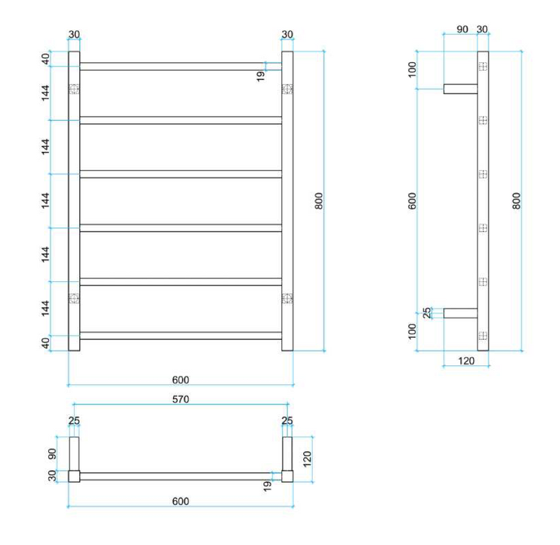 Thermogroup 6 Bar Straight Square Heated Towel Ladder 600mm Matte Black