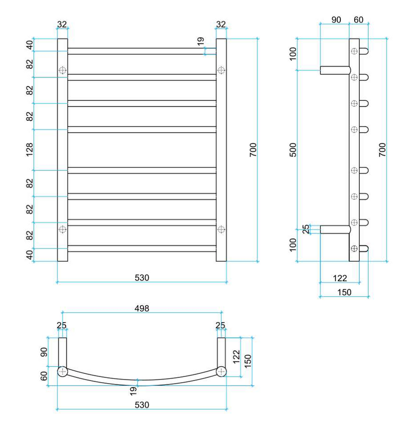 Thermogroup 8 Bar Curved Heated Towel Ladder 530mm Polished Stainless Steel