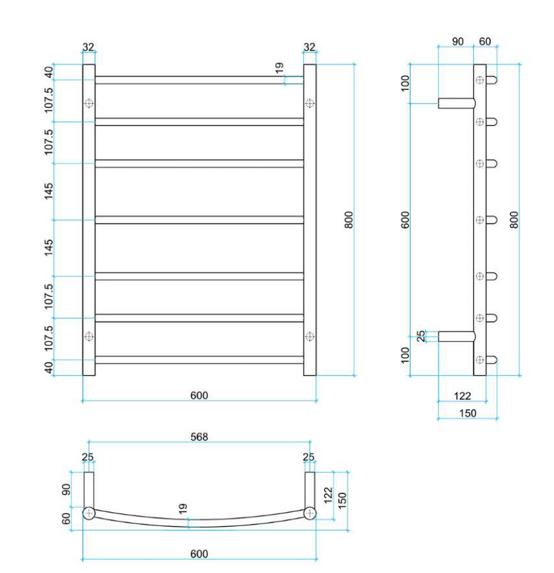 Thermogroup 7 Bar Curved Heated Towel Ladder 600mm Polished Stainless Steel