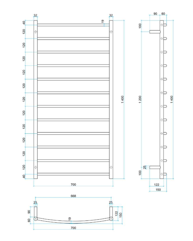 Thermogroup 12 Bar Curved Heated Towel Ladder 700mm Polished Stainless Steel