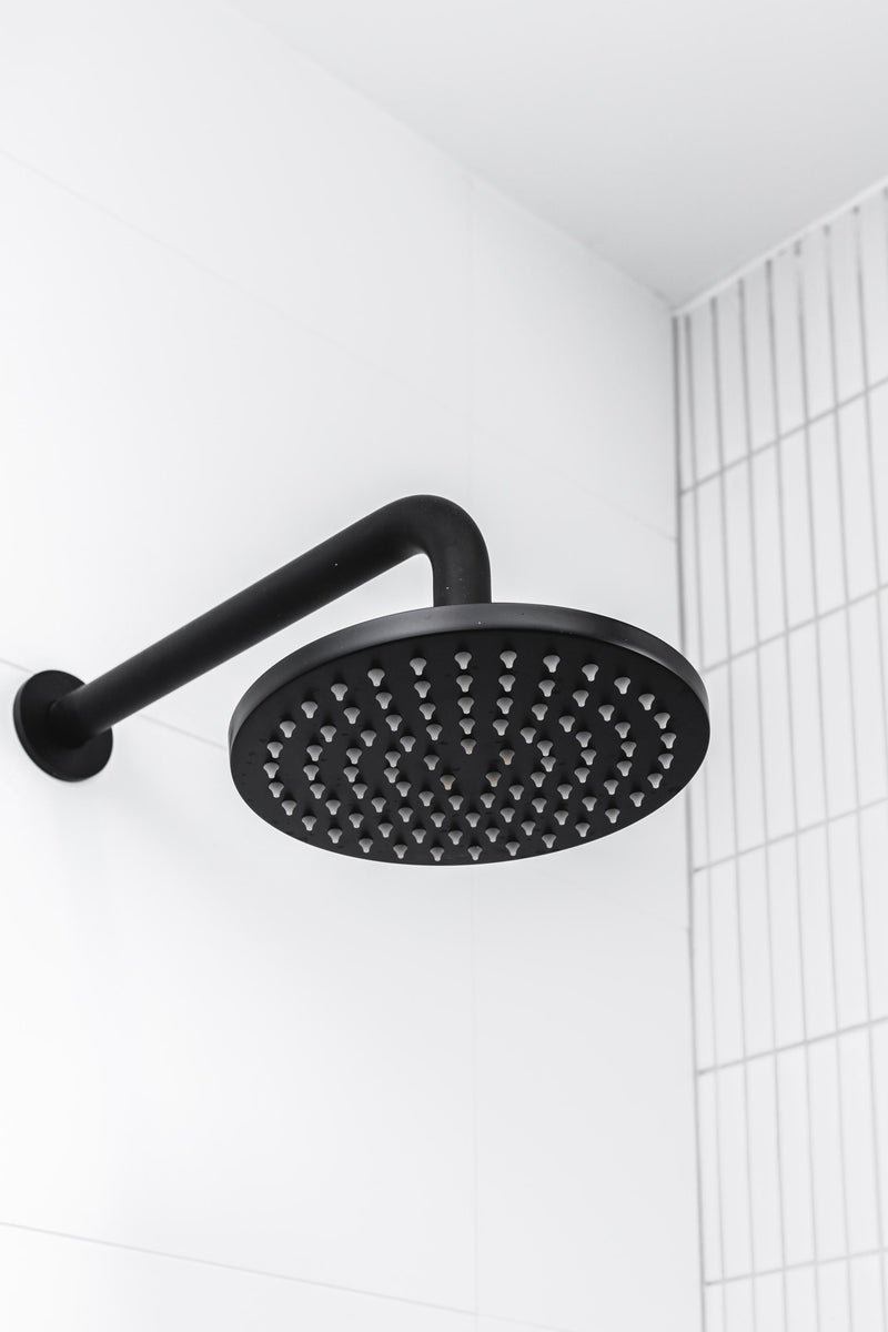 Round Wall Shower Curved Arm 400mm - Matte Black