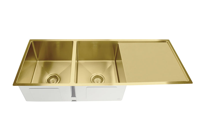 Meir Lavello Kitchen Sink - Double Bowl & Drainboard 1160 x 440 - Brushed Bronze Gold