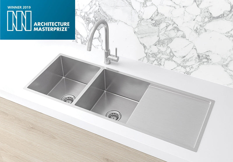 Meir Lavello Kitchen Sink - Double Bowl & Drainboard 1160 x 440 - Brushed Nickel