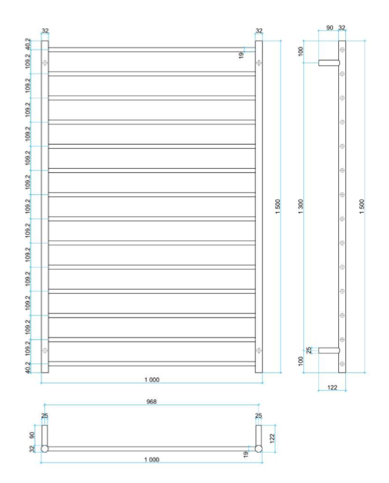 Thermogroup 14 Bar Straight Round Heated Towel Ladder 1000mm Polished Stainless Steel