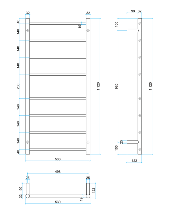 Thermogroup 8 Bar Straight Round Heated Towel Ladder 530mm Brushed Stainless Steel