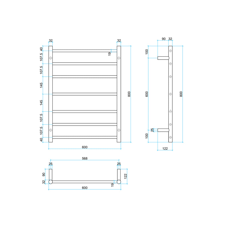 Thermogroup 7 Bar Straight Round Heated Towel Ladder 600mm Brushed Stainless Steel