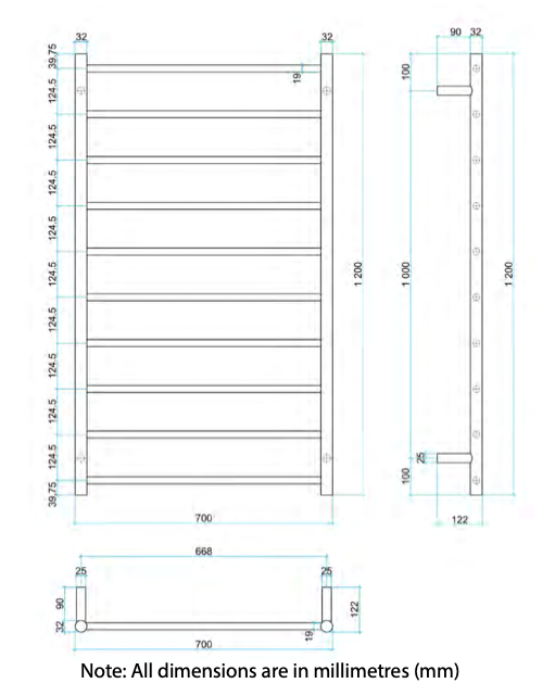Thermogroup 10 Bar Straight Round Heated Towel Ladder 700mm Brushed Stainless Steel