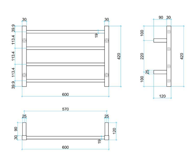 Thermogroup 4 Bar Straight Square Heated Towel Ladder 600mm Polished Stainless Steel