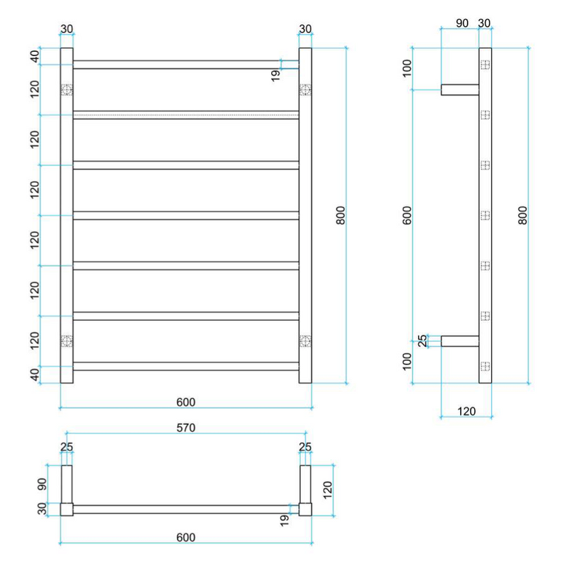 Thermogroup 7 Bar Straight Square Heated Towel Ladder 600mm Polished Stainless Steel