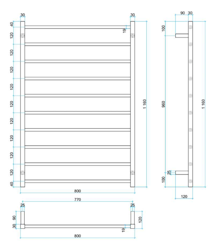 Thermogroup 10 Bar Straight Square Heated Towel Ladder 800mm Matte Black