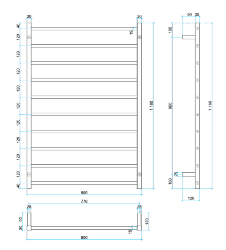 Thermogroup 10 Bar Straight Square Heated Towel Ladder 800mm Polished Stainless Steel