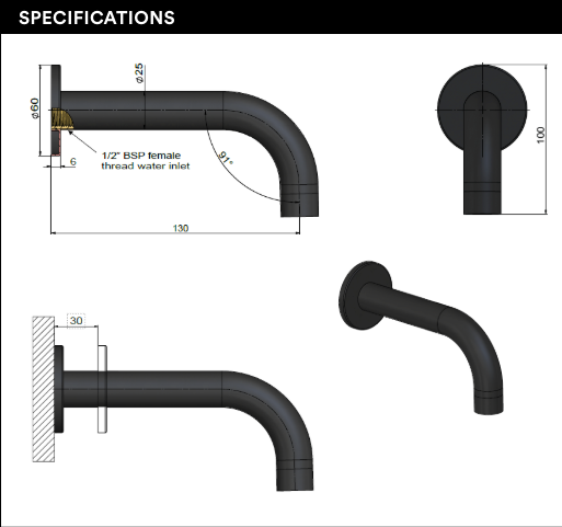 Meir Universal Round Curved Spout 130mm - Matte Black