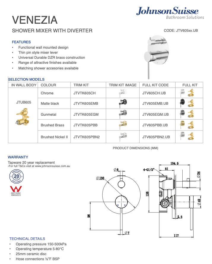 Venezia Shower Mixer With Diverter Kit Complete