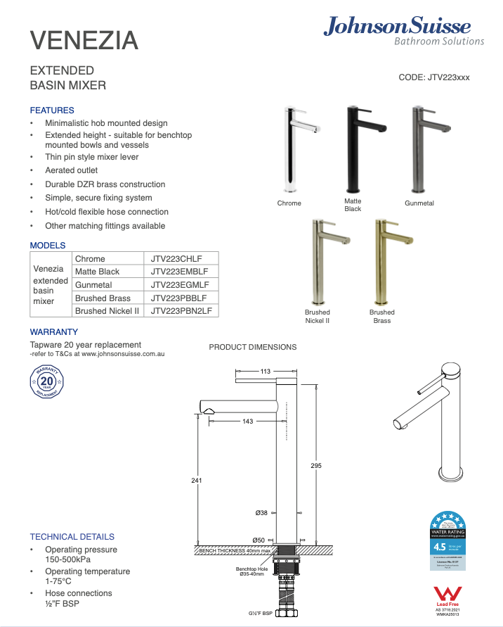 Venezia Extended Basin Mixer Lead Free