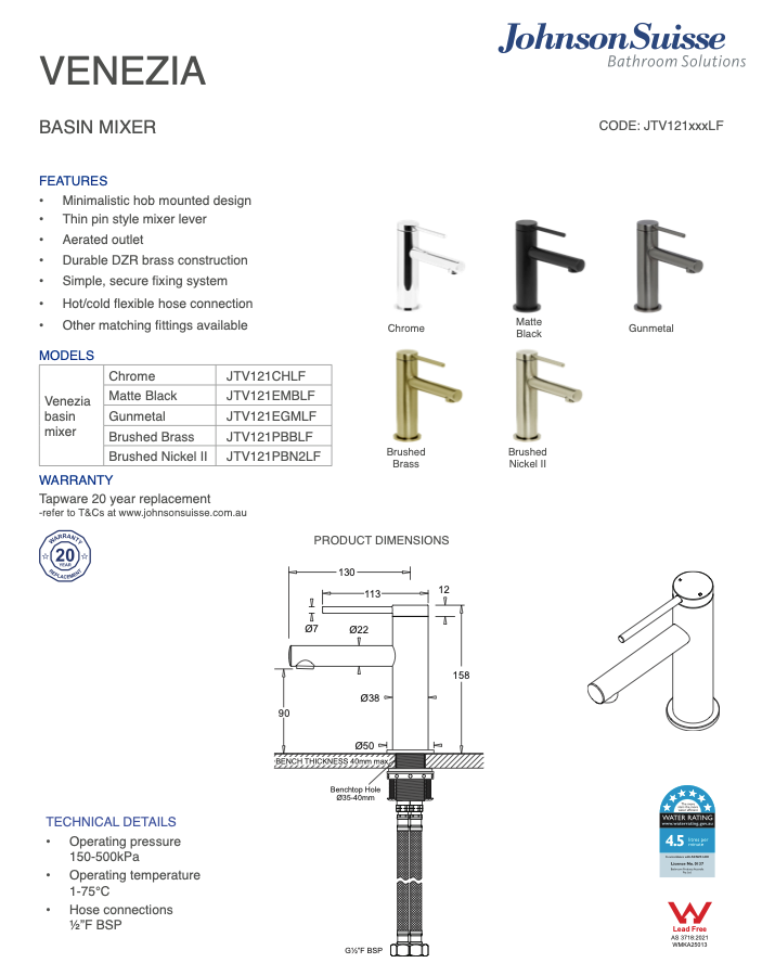 Johnson Suisse Venezia Basin Mixer Lead Free
