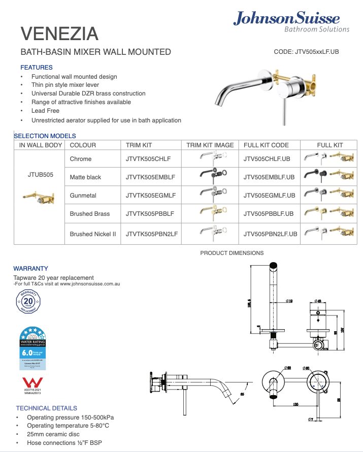Venezia Wall Basin And Bath Mixer Complete Kit Lead Free