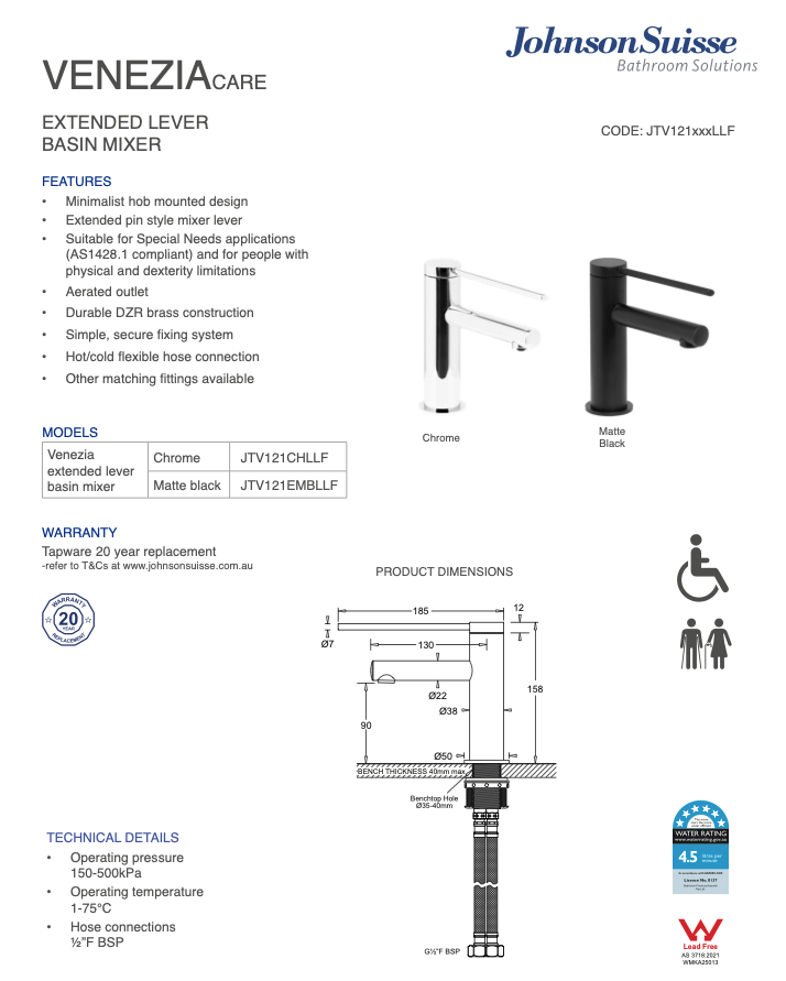 Venezia Care Extended Lever Basin Mixer Lead Free