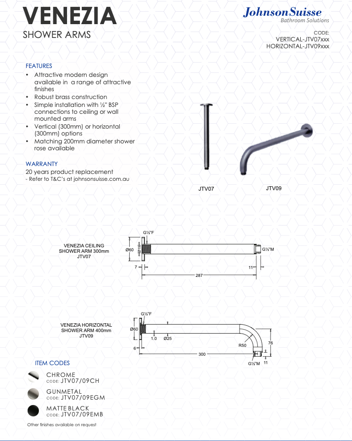 Venezia Overhead Rain Shower With 300mm Wall Arm
