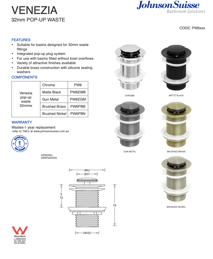 Venezia Pop-up Plug & Waste 32mm With No Overflow