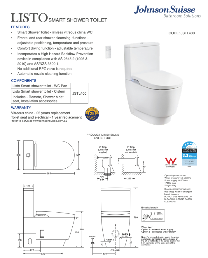 Listo Smart Toilet Rimless Suite