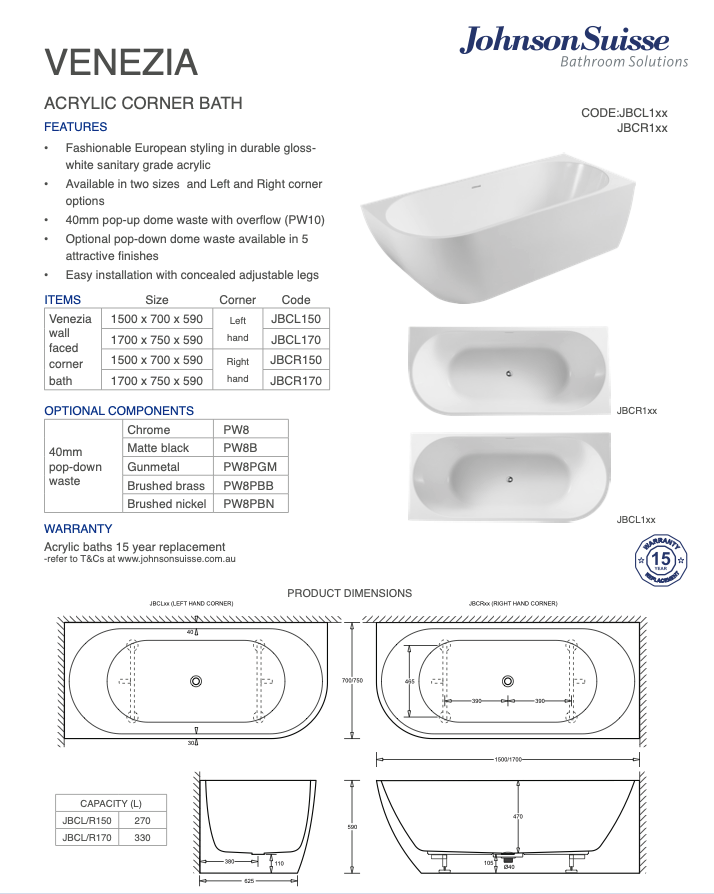 Venezia Corner Acrylic Bath 1500 Right Hand