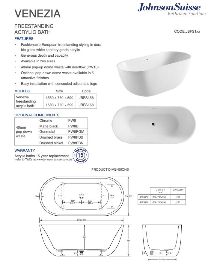 Venezia Freestanding Acrylic Bath 1680