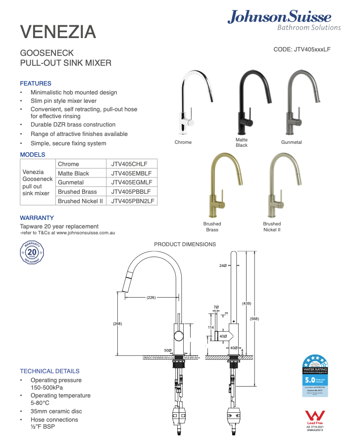 Venezia Gooseneck Pull Out Sink Mixer Lead Free