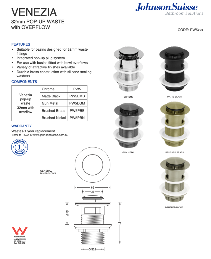 Venezia Pop-up Plug & Waste 32mm With Overflow