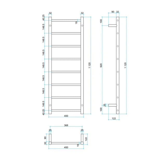 Thermogroup 8 Bar Heated Towel Ladder 400mm Polished Stainless Steel