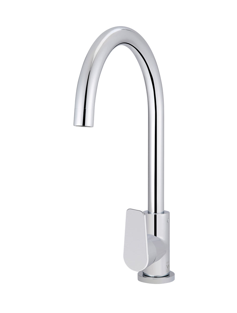 Meir Round Gooseneck Kitchen Mixer Tap with Paddle Handle - Polished Chrome