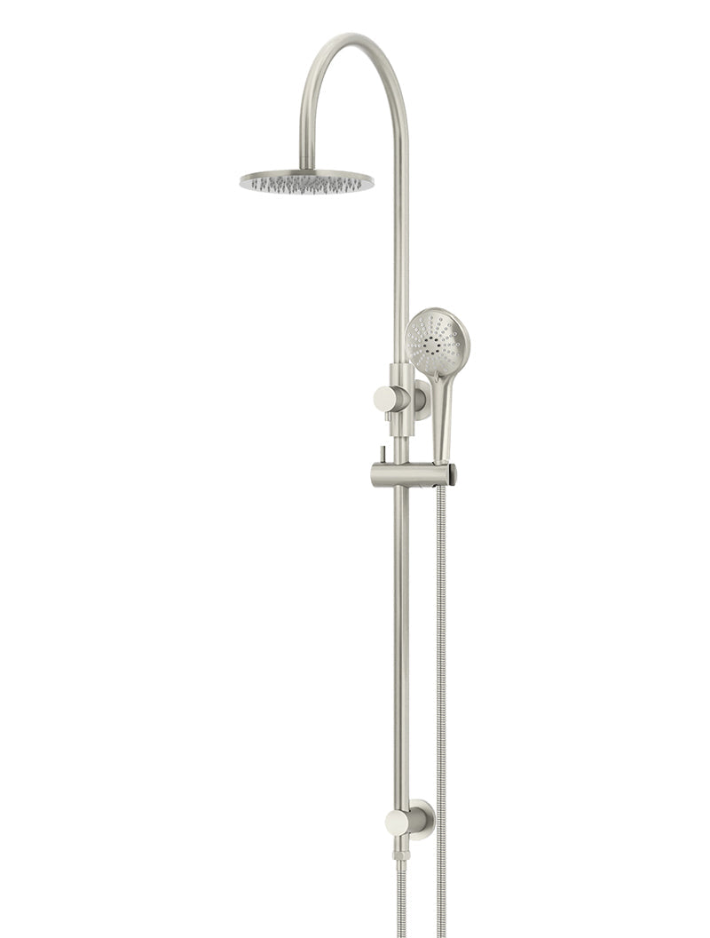 Round Gooseneck Shower Set with 200mm rose, Three-Function Hand Shower - PVD Brushed Nickel