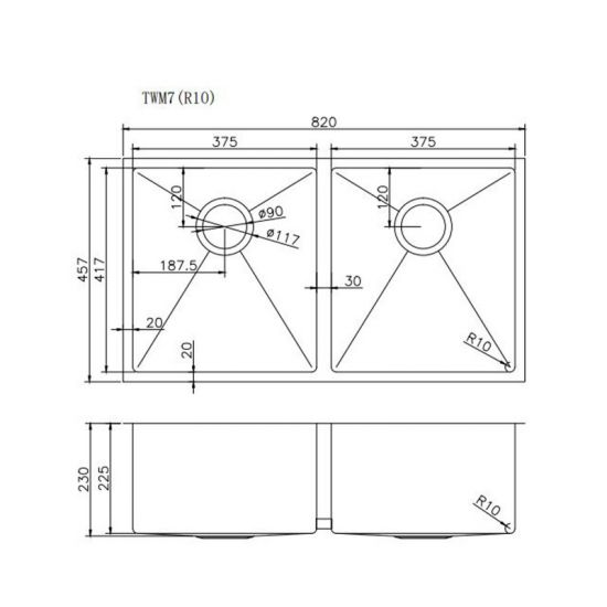 Novelli Double Kitchen Sink 820mm - Stainless Steel