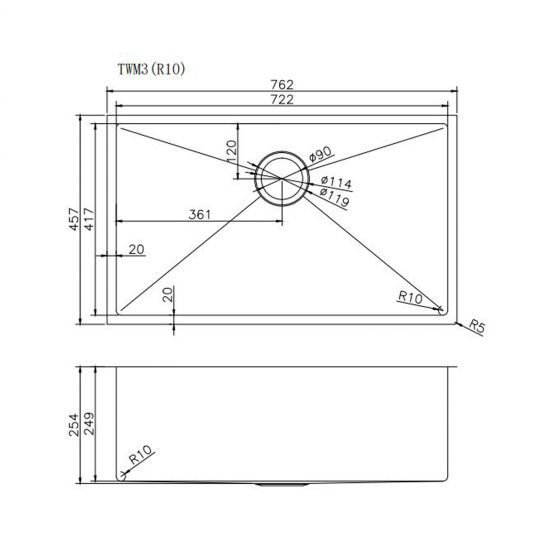 Novelli Single Kitchen Sink 762mm - Stainless Steel