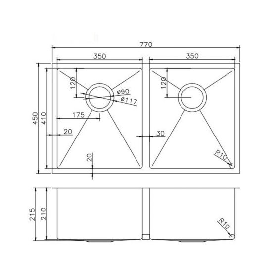 Novelli Double Kitchen Sink 770mm - Brushed Gold